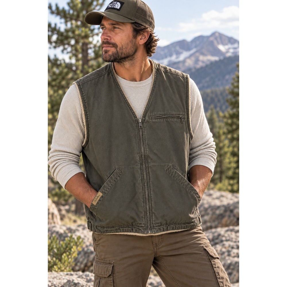 Cabela's Canvas Vest Mens XL Olive Green Sherpa Lined Full Zip Workwear Hunting